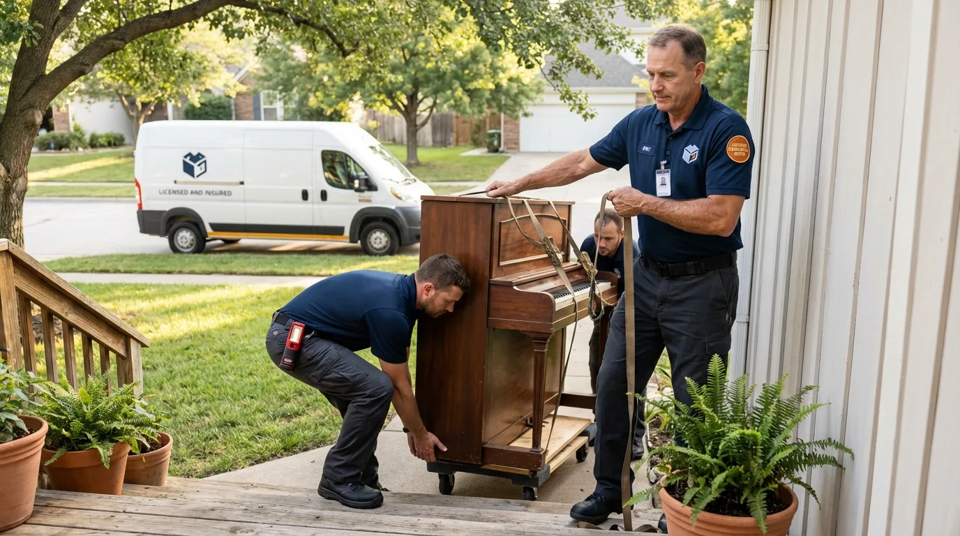 Licensed piano movers securing grand piano in Springfield, NJ